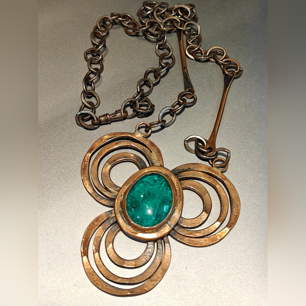 Vintage Designer Rafael Alfandary Copper & Emerald Green Glass Stone Necklace